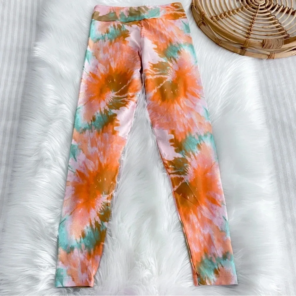 Lici Fit Tie Due Bloom Leggings Multicolored Orange Blue High Waisted Rise S
